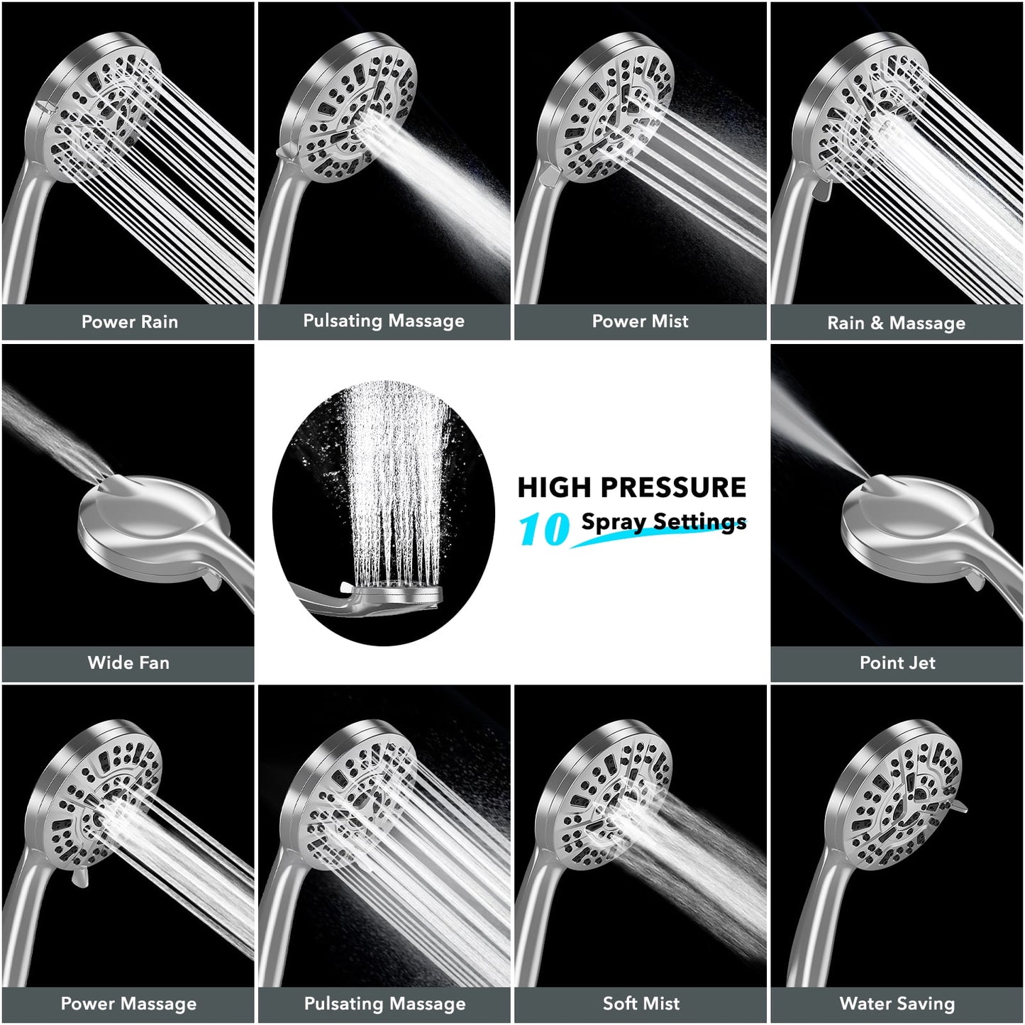 High Pressure Filtered Shower Head with Handheld - 10 Functions & 2 Built-in Power Wash, 5 inches Detachable Showerhead Set w/ 60 inches Stainless Steel Hose & Adjustable Bracket-Polished Chrome