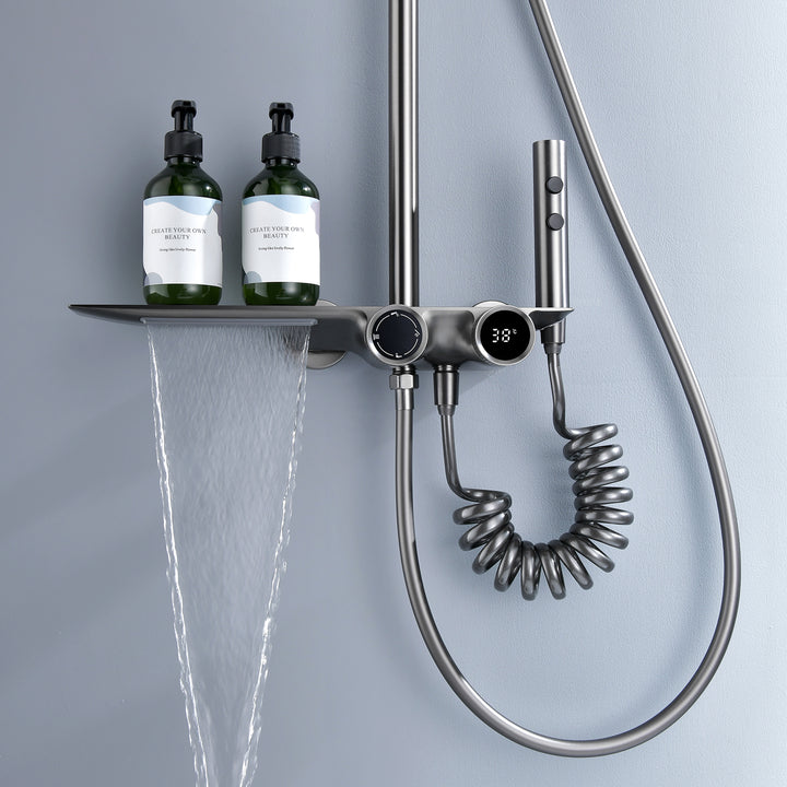 Wall-mounted Waterfall Shelf Bathroom Mixer Faucet Digital Display Shower Set