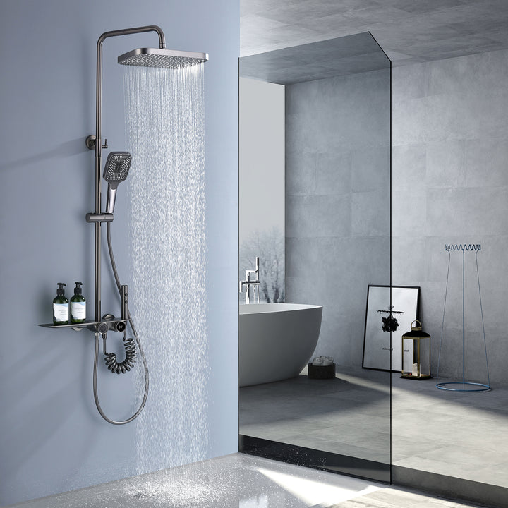 Wall-mounted Waterfall Shelf Bathroom Mixer Faucet Digital Display Shower Set