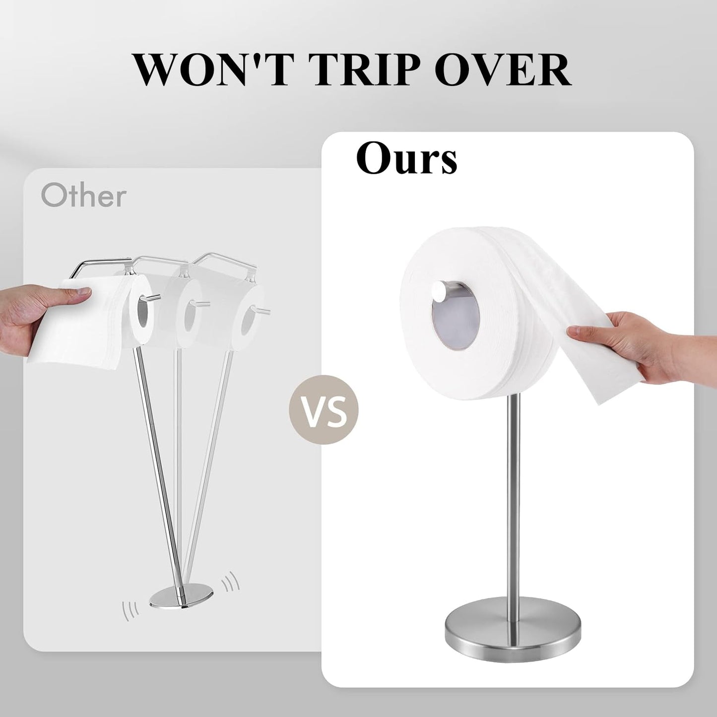 Freestanding Toilet Paper Holder with Top Storage Shelf, Modern Bathroom Toilet Paper Roll Holder, Silver