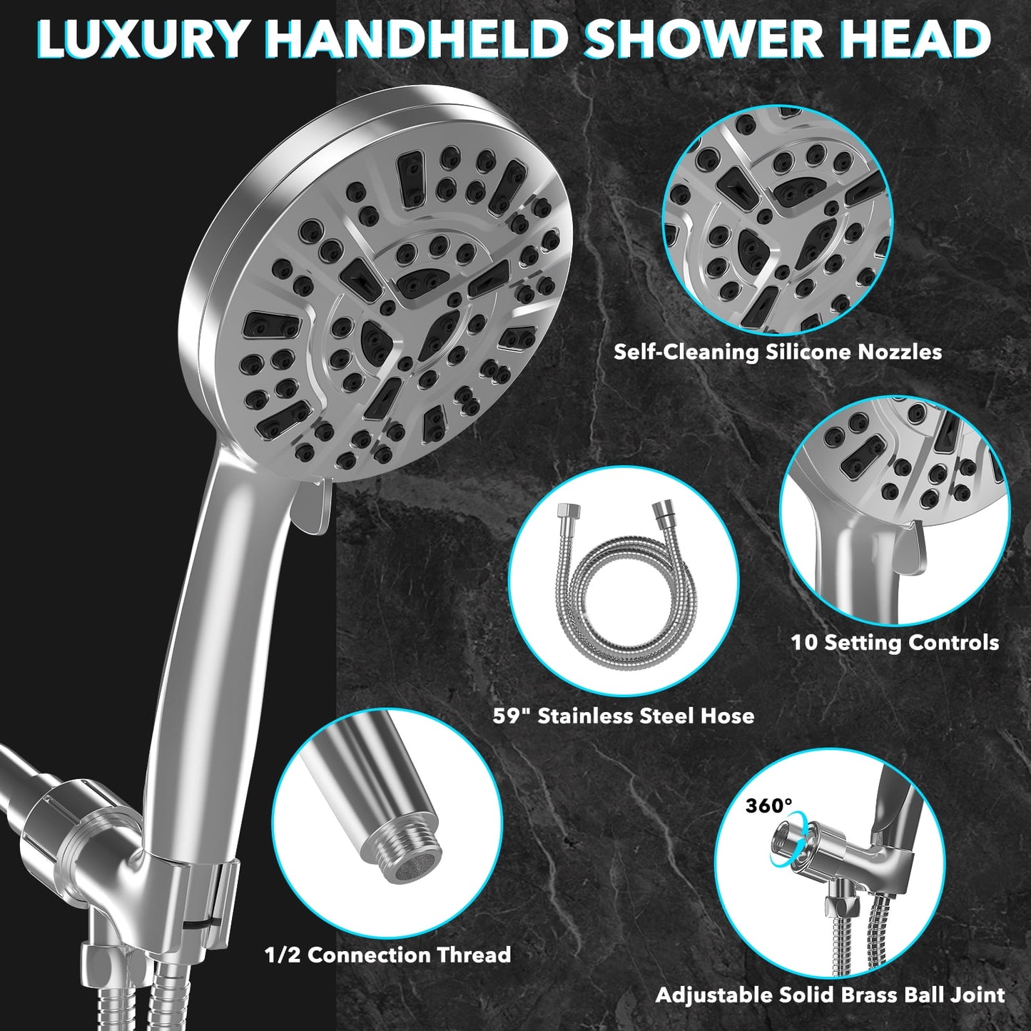 High Pressure Filtered Shower Head with Handheld - 10 Functions & 2 Built-in Power Wash, 5 inches Detachable Showerhead Set w/ 60 inches Stainless Steel Hose & Adjustable Bracket-Polished Chrome