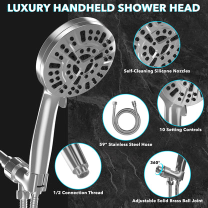High Pressure Filtered Shower Head with Handheld - 10 Functions & 2 Built-in Power Wash, 5 inches Detachable Showerhead Set w/ 60 inches Stainless Steel Hose & Adjustable Bracket-Polished Chrome