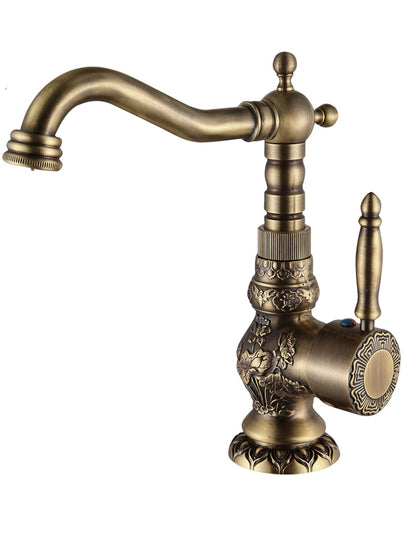 Antique Brass Bathroom Sink Mixer Faucet, Vintage Kitchen Taps Single Handle One Hole