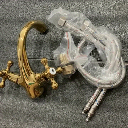 Antique Golden Basin Faucet - Single Hole Double Handle Faucet With Hose