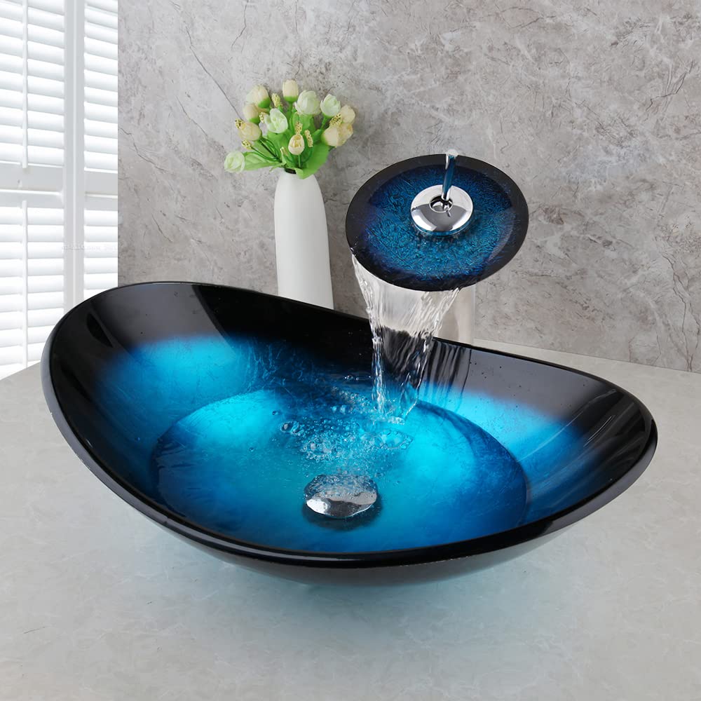 Modern Bule Oval Glass Vessel Sink Set