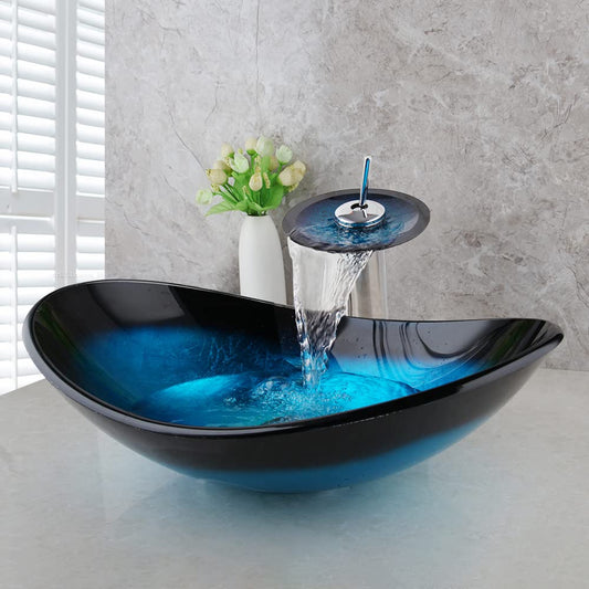 Modern Bule Oval Glass Vessel Sink Set