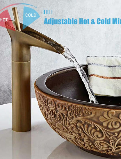 Antique Brass Waterfall Bathroom Faucet - Single Handle Traditional Design