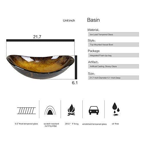 Luxury Glass Vessel Sink Boat Shape Bathroom Artistic Basin with Oil Rubbed Bronze Faucet and Pop-up Drain, Gold Ingot