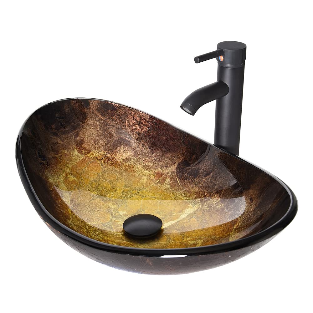 Luxury Glass Vessel Sink Boat Shape Bathroom Artistic Basin with Oil Rubbed Bronze Faucet and Pop-up Drain, Gold Ingot