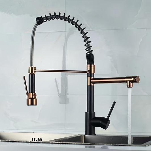 Copper Kitchen Faucet with Double Outlet and Pull-Down Sprayer