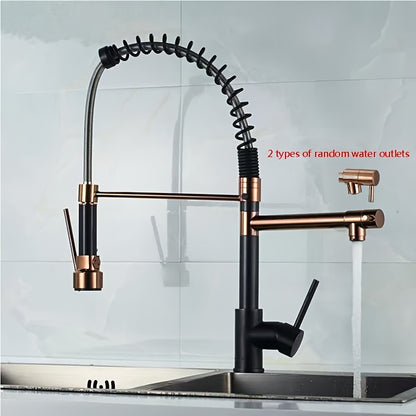 Copper Kitchen Faucet with Double Outlet and Pull-Down Sprayer