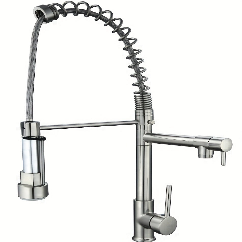 Copper Kitchen Faucet with Double Outlet and Pull-Down Sprayer