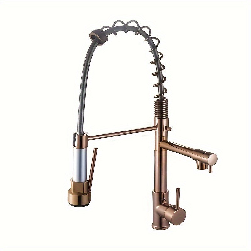 Copper Kitchen Faucet with Double Outlet and Pull-Down Sprayer