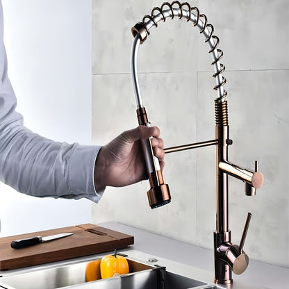 Copper Kitchen Faucet with Double Outlet and Pull-Down Sprayer