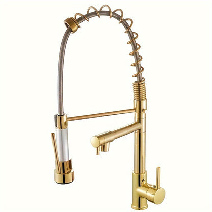 Copper Kitchen Faucet with Double Outlet and Pull-Down Sprayer