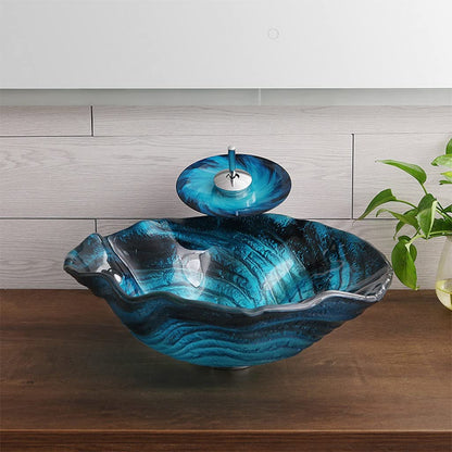 Tempered Glass Seashell Vessel Sink, Blue