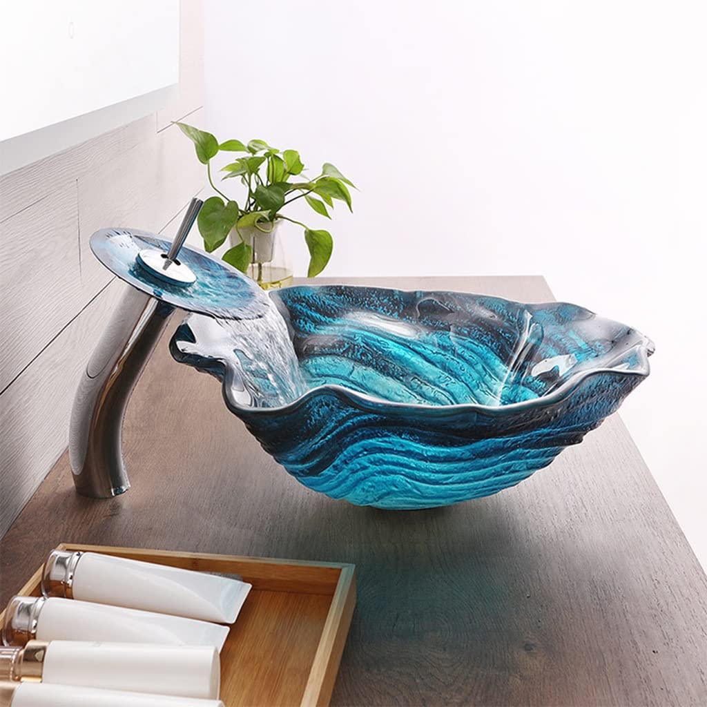 Tempered Glass Seashell Vessel Sink, Blue