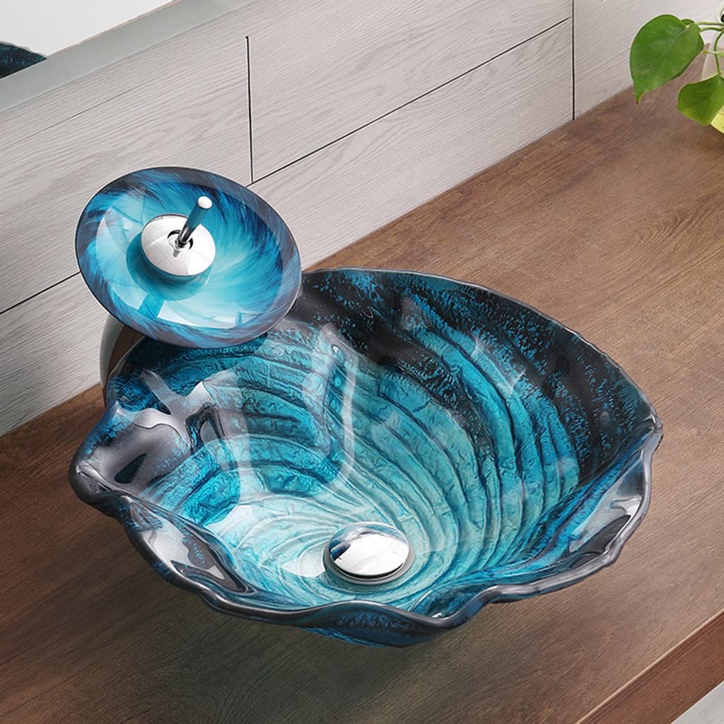 Tempered Glass Seashell Vessel Sink, Blue