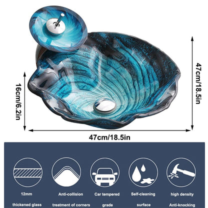 Tempered Glass Seashell Vessel Sink, Blue