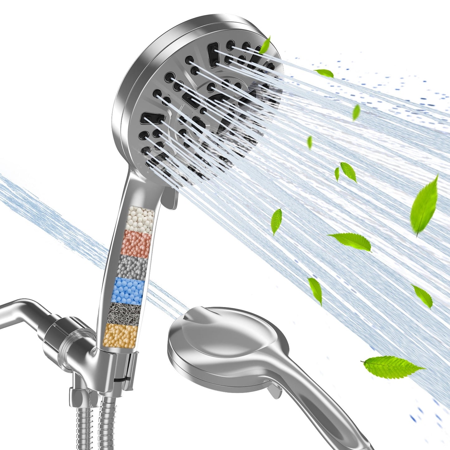 High Pressure Filtered Shower Head with Handheld - 10 Functions & 2 Built-in Power Wash, 5 inches Detachable Showerhead Set w/ 60 inches Stainless Steel Hose & Adjustable Bracket-Polished Chrome