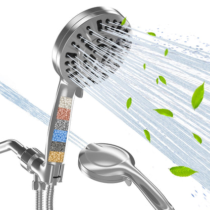 High Pressure Filtered Shower Head with Handheld - 10 Functions & 2 Built-in Power Wash, 5 inches Detachable Showerhead Set w/ 60 inches Stainless Steel Hose & Adjustable Bracket-Polished Chrome