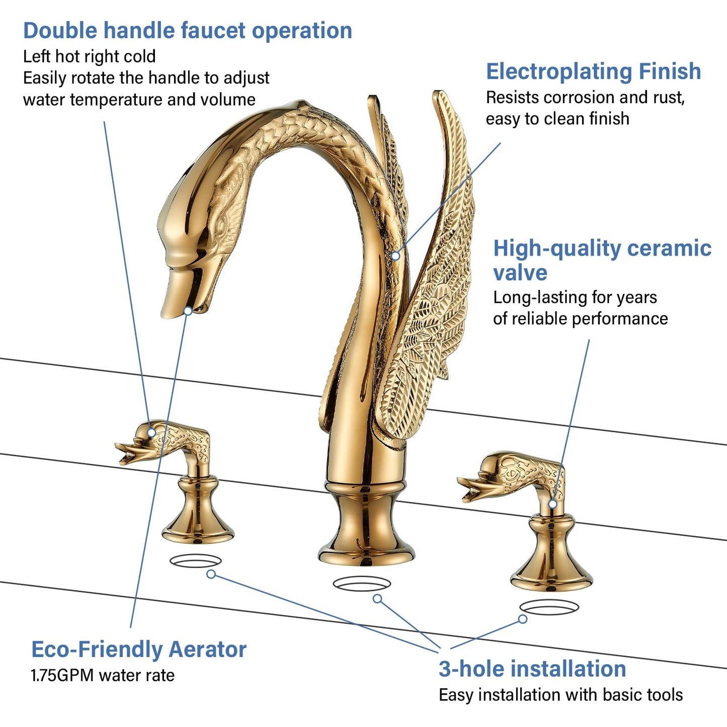 Gold Swan Widespread 2-handle 3 Holes Bathroom Faucet