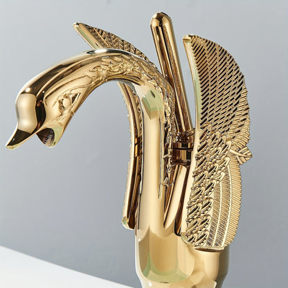 Golden Swan Shaped Single Handle Bathroom Sink Faucet With 9/16 Supply Hoses