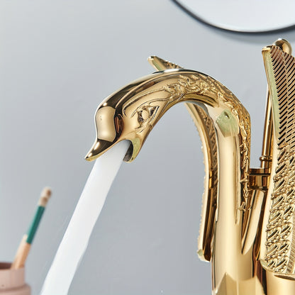 Golden Swan Shaped Single Handle Bathroom Sink Faucet With 9/16 Supply Hoses