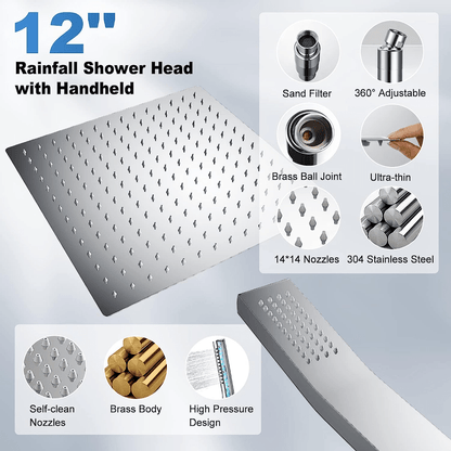 12 Inch Rainfall Shower System, With High Pressure Rain Shower Head