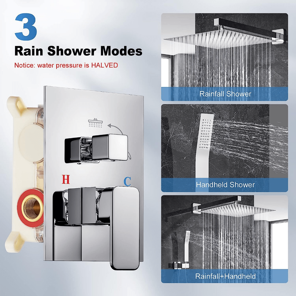 12 Inch Rainfall Shower System, With High Pressure Rain Shower Head