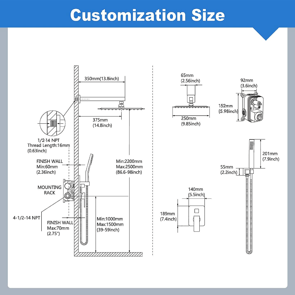 12 Inch Rainfall Shower System, With High Pressure Rain Shower Head