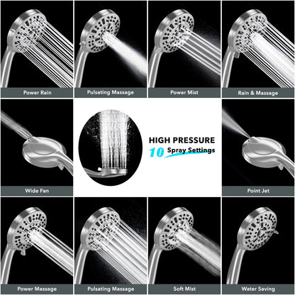 High Pressure Filtered Shower Head with Handheld - 10 Functions & 2 Built-in Power Wash, 5 inches Detachable Showerhead Set w/ 60 inches Stainless Steel Hose & Adjustable Bracket-Polished Chrome