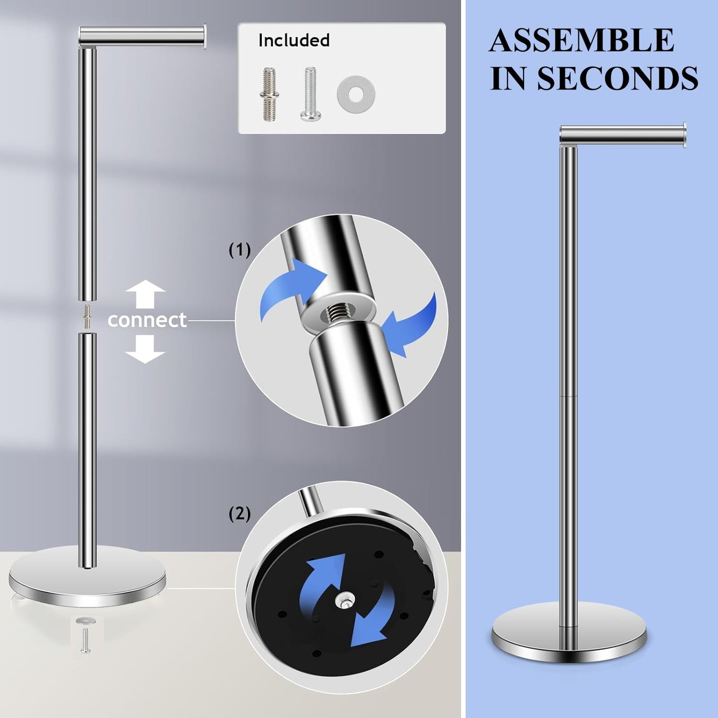 Freestanding Toilet Paper Holder with Top Storage Shelf, Modern Bathroom Toilet Paper Roll Holder, Silver