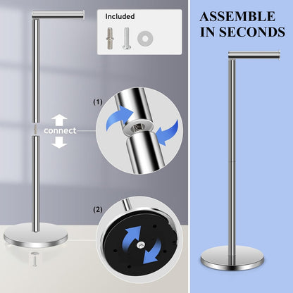 Freestanding Toilet Paper Holder with Top Storage Shelf, Modern Bathroom Toilet Paper Roll Holder, Silver