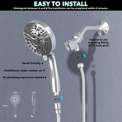 High Pressure Filtered Shower Head with Handheld - 10 Functions & 2 Built-in Power Wash, 5 inches Detachable Showerhead Set w/ 60 inches Stainless Steel Hose & Adjustable Bracket-Polished Chrome