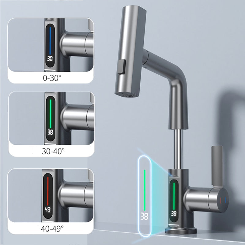 LED Temp Display Pulldown Waterfall Bathroom Faucet