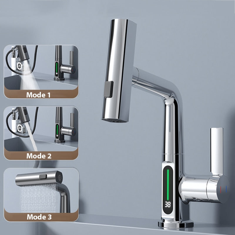 LED Temp Display Pulldown Waterfall Bathroom Faucet